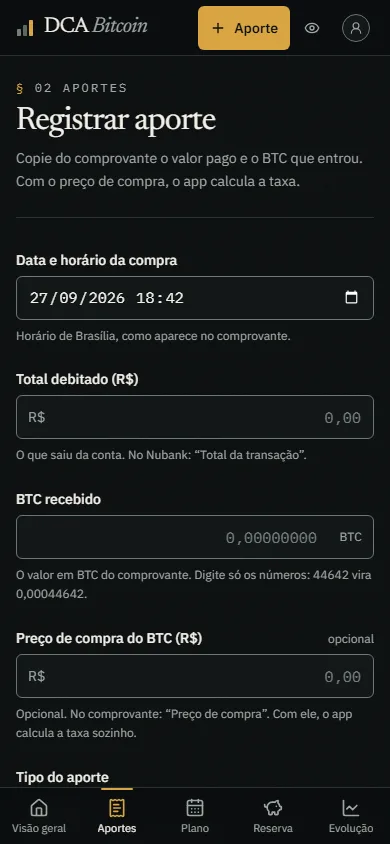 App DCA Bitcoin, tela de registro de aporte